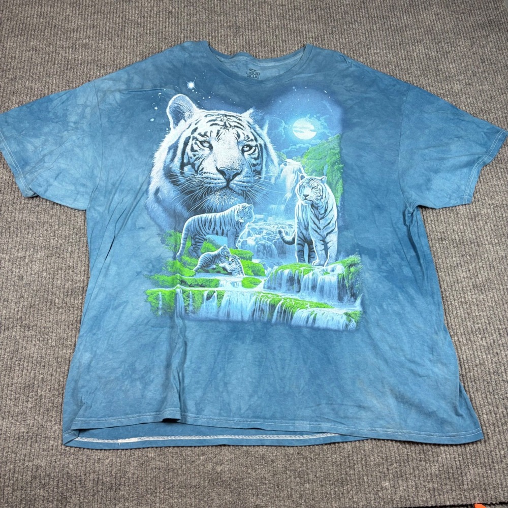 Liquid Blue Shirt Mens 3XL White Tiger Waterfall Moon Graphic Blue Tie Dye